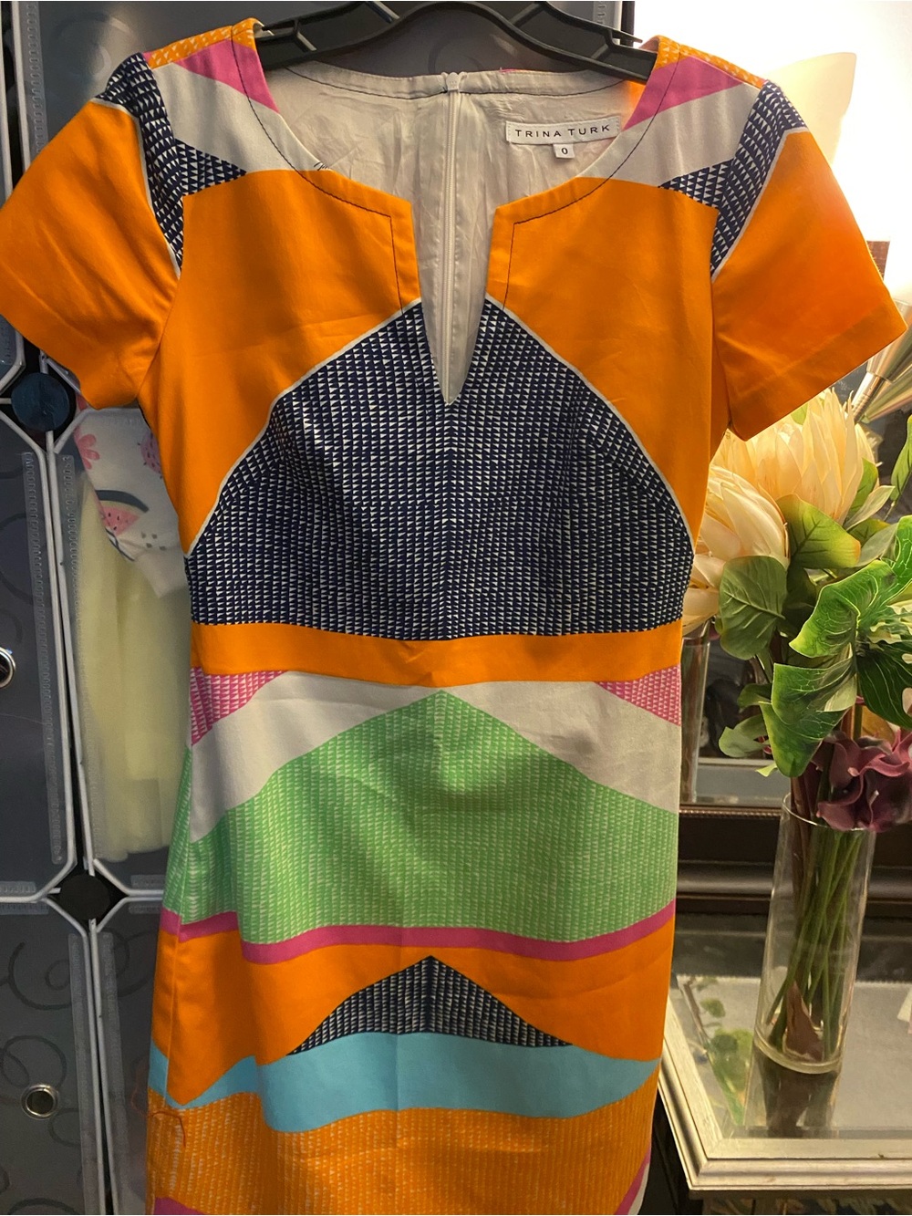 Trina Turk Orange, Navy & Green Colorblock Short Sleeve Sheath Dress - Like New